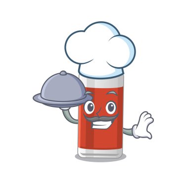 Maskot karakteri tarzı bir bardak elma suyu şefi tepside yemek servisi yapıyor. Vektör illüstrasyonu