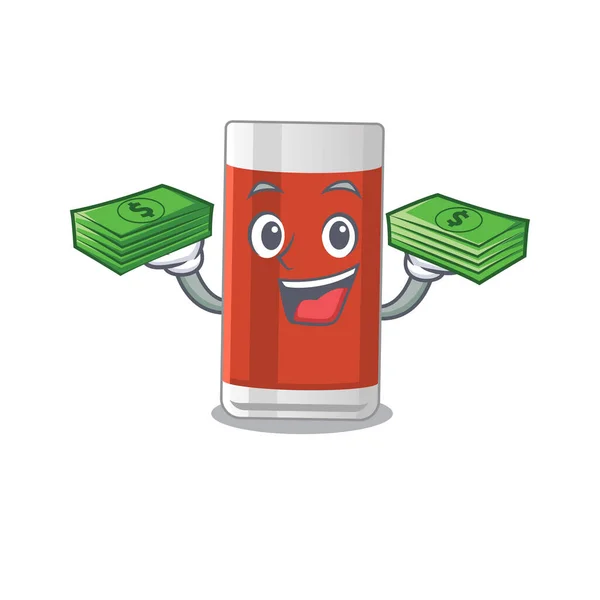 Wealthy Glass Apple Juice Cartoon Character Having Much Money Hands — Stock Vector