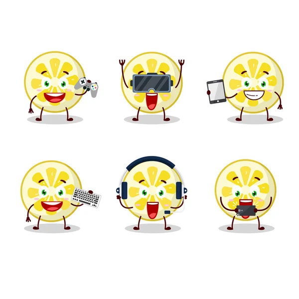 Lemon slice personagem dos desenhos animados estão jogando jogos com vários emoticons bonitos — Vetor de Stock