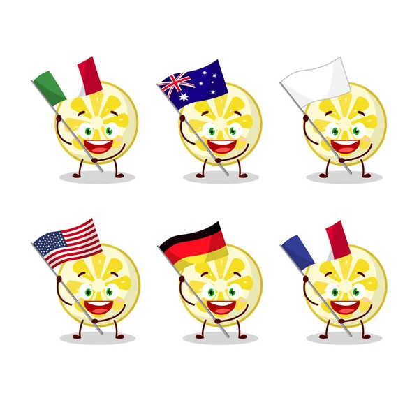 Citronskiva tecknad karaktär föra flaggor i olika länder — Stock vektor