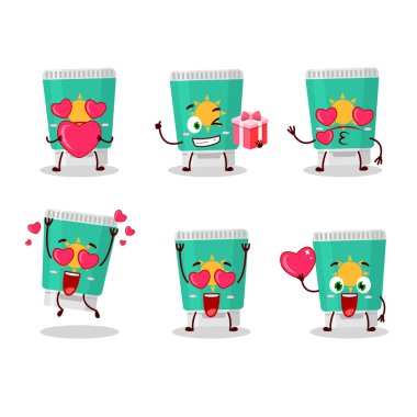 Güneş kremi çizgi film karakteri. Sevgi dolu bir ifade.