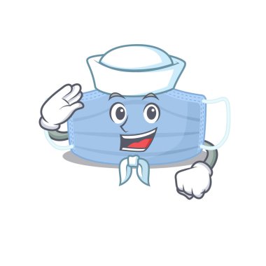 Gülen denizci çizgi film karakteri, cerrahi maske, beyaz şapka ve kravat takıyor.