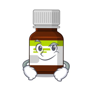 Antibiyotik şişesinin sevimli, küstah, karikatür tasarımı. Kendine güvenen bir jest.