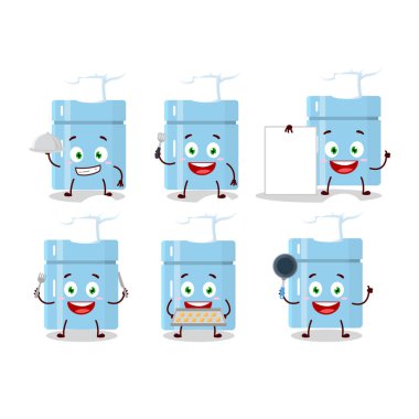 Değişik şef ifadeleri olan buzdolabının çizgi film karakteri