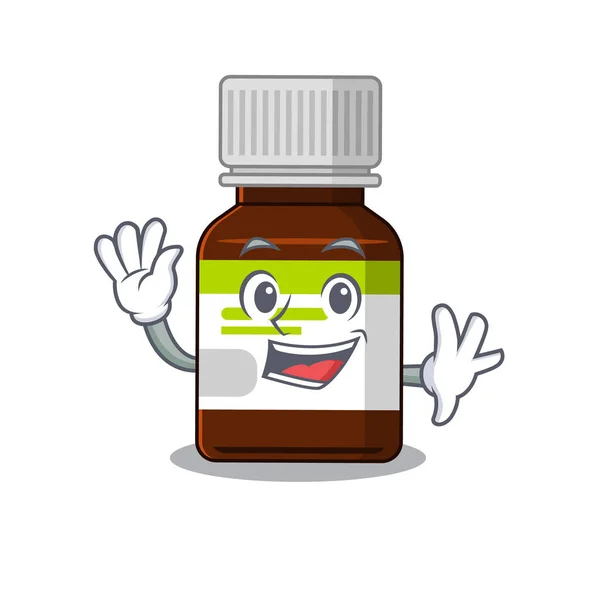En charmig antibiotikaflaska maskot design stil leende och viftande hand — Stock vektor