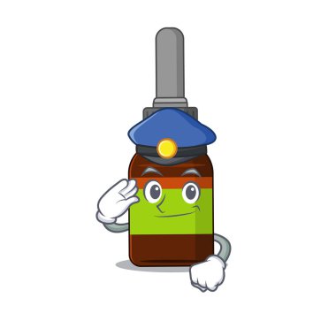 Yakışıklı bir polis memuru mavi şapkalı sıvı şişenin karikatür resmi.