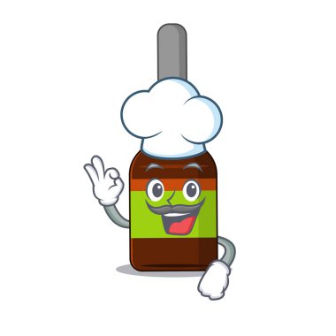 Sıvı şişe şefi çizgi film çizimi. İkonik şef şapkası giyiyor.