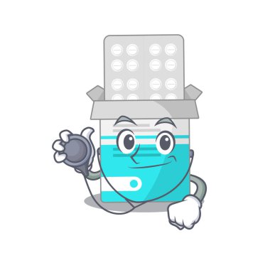 Özel tıbbi ilaç şişesi. Doktor karikatür tasarımı. Aletlerle çalışıyor.