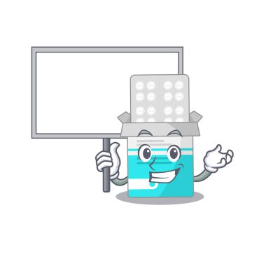 Tıbbi ilaç şişesinin tatlı maskot tasarımı Bir tahta getir