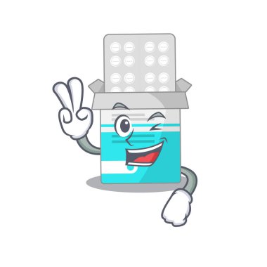 Neşeli bir tıbbi ilaç şişesi maskot tarzı iki parmak pozu göster.