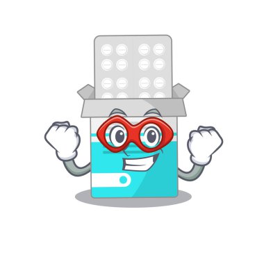 İnanılmaz bir süper kahraman karakteri olan tıbbi ilaç şişesinden bir maskot.