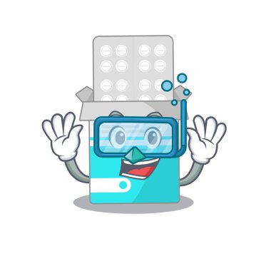 Tıbbi ilaç şişesi maskotu tasarımı dalış gözlükleriyle yüzer.