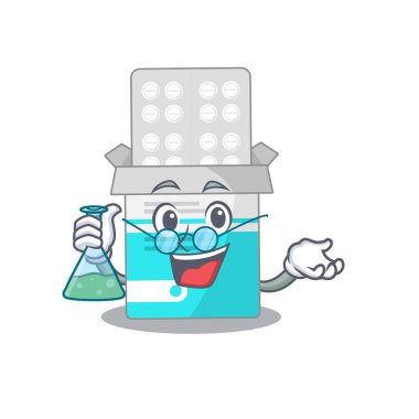 Süper Dâhi Tıp Profesörü. Şişe karikatür karakteri laboratuvar üzerinde çalışıyor.