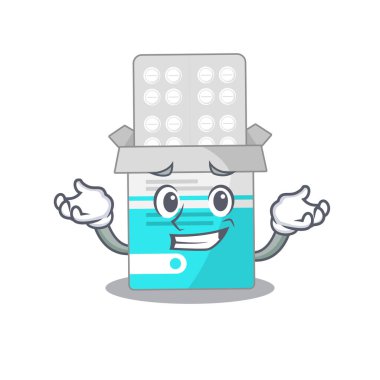 Sırıtan tıbbi ilaç şişesi karikatür tasarım tarzının tatlı bir resmi.