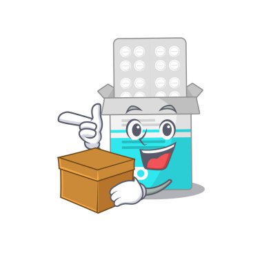 Gülümseyen tıbbi ilaç şişesi maskot stili bir kutunun içinde