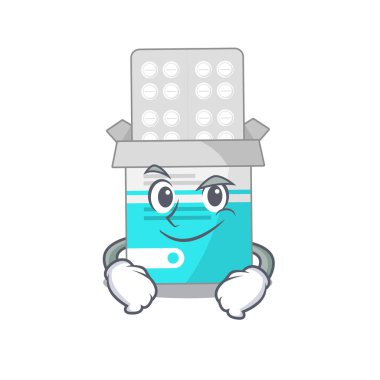 Tıbbi ilaç şişesinin kendine güveni olan sevimli bir karikatür resmi.