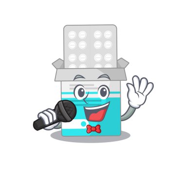 Tıbbi tıp şişesinin karikatür karakteri mikrofonla şarkı söylemekten mutlu