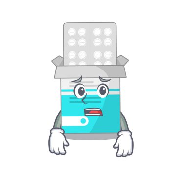 Çizgi film tasarımı, endişeli yüzünü gösteren tıbbi ilaç şişesi.