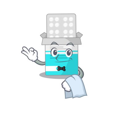 Beyaz peçeteli bir garson olarak tıbbi ilaç şişesinin karikatür tasarımı.