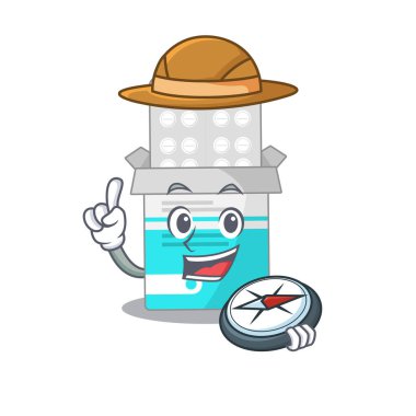 Tıbbi tıp şişesi maskotunun tasarlama tarzı kâşifin yolculuk sırasında pusula kullanması.