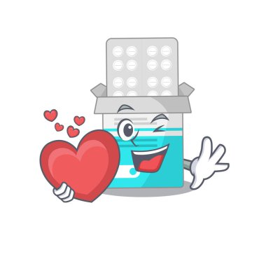 Sevimli bir tıbbi ilaç şişesi. Büyük bir kalp taşıyan karikatür tasarımı.