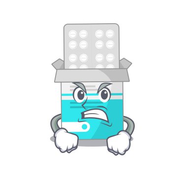 Tıbbî ilaç şişesinin suratında çılgın bir ifade olan karikatür resmi.