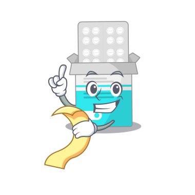 Elinde yiyecek ve içecek menüsü olan tıbbi ilaç şişesi maskotu karakteri.