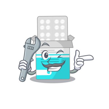 Bir karikatür tasarımı olan tıbbi tıp şişesi mekanik olarak çalışıyor.