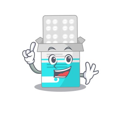 Tıbbi ilaç şişesi karikatür tasarımı. Tek parmak pozuyla.