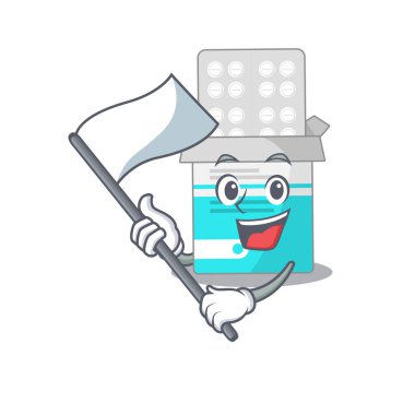 Cesur bir tıbbi tıp şişesi maskotu tasarımı beyaz bir bayrak taşıyor.