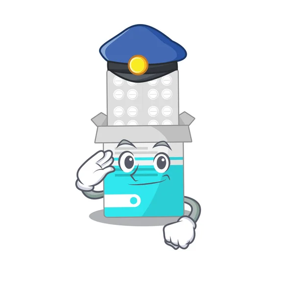 Una foto de dibujos animados de un apuesto oficial de policía de la botella de medicina médica con un sombrero azul — Vector de stock