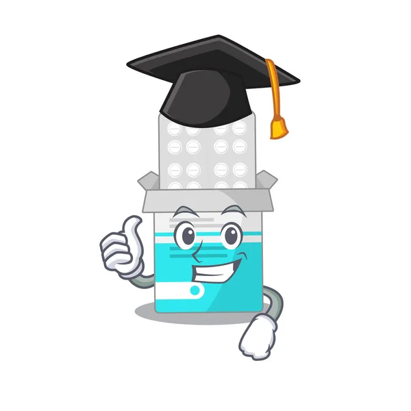 Medisch medicijn fles karikatuur foto ontwerp met hoed voor afstuderen ceremonie — Stockvector