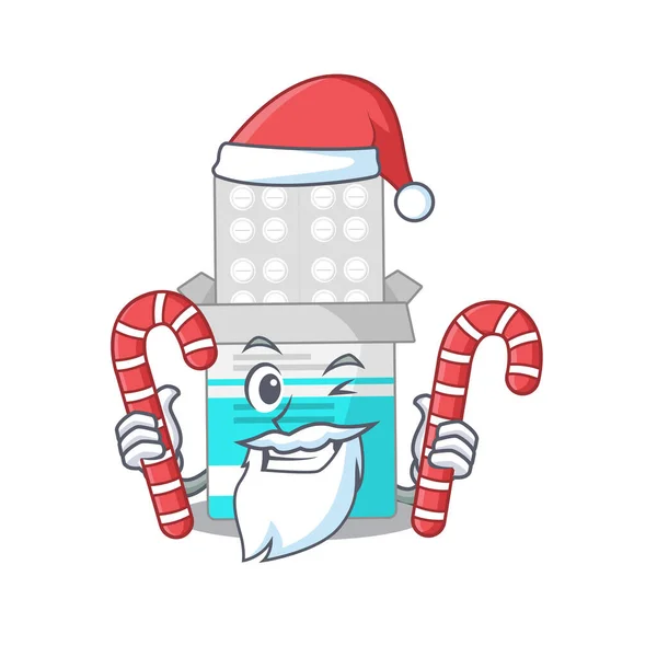 Garrafa de medicina médica vestida em personagem de Santa Cartoon com doces de Natal —  Vetores de Stock