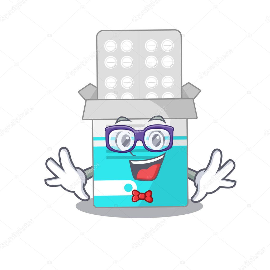 A caricature drawing of nerd medical medicine bottle wearing weird glasses