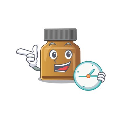 B vitamininin maskot tasarımı. Elinde bir saat var.