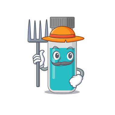 Çiftçi tıbbi test şişesi maskotu tasarımı şapka ile çalışıyor.