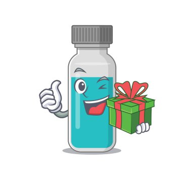 Tıbbi test şişesi çizgi film karakteri konsepti ve büyük hediye kutusu.