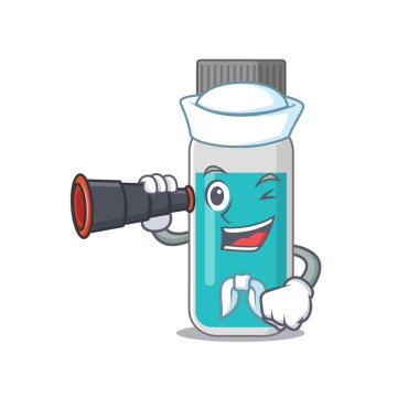 Tıbbi test şişesinin çizgi film tasarımı dürbünlü denizci.