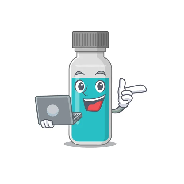 Un personaje de dibujos animados ordenado de la botella de prueba médica l trabajando en casa durante la pandemia — Vector de stock