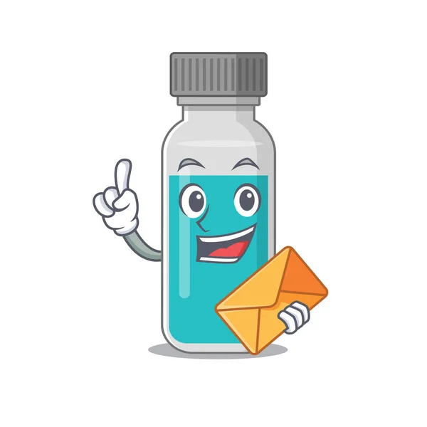 Μια εικόνα του χαρούμενου ιατρική δοκιμή μπουκάλι καρικατούρα έννοια σχεδιασμού έχοντας ένα φάκελο — Διανυσματικό Αρχείο