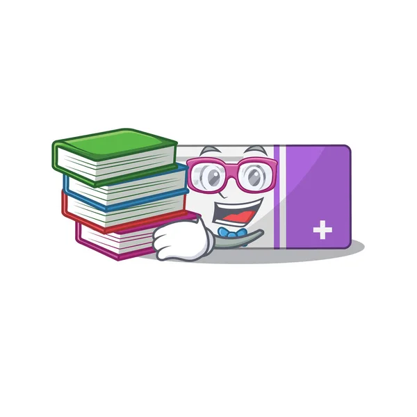 Boîte à médicaments conception de mascotte étudiante lire de nombreux livres lorsque vous étudiez à la maison — Image vectorielle