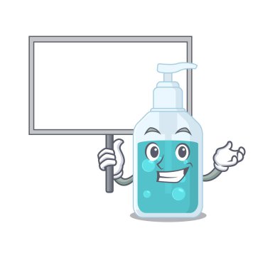 El dezenfektanı maskot tasarım tarzının karikatür resmi bir tahta taşır