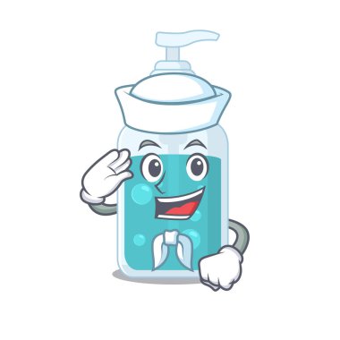 Gülen denizci çizgi film karakteri el dezenfektanı beyaz şapka ve kravat takıyor.