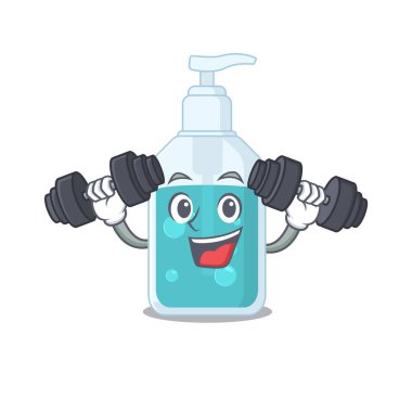 El dezenfektanı maskot tasarımı egzersiz sırasında halterleri kaldırmaktan mutluluk duyar.