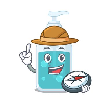 Maskot tasarımı konsepti. El dezenfektanı kâşifi. Ormanda pusula kullanıyor.