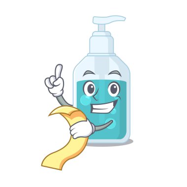 Elinde menü olan el dezenfektanı karakteri.
