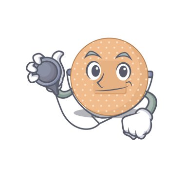 Aletlerle çalışan yuvarlak bir doktor karikatür tasarımı. Vektör illüstrasyonu