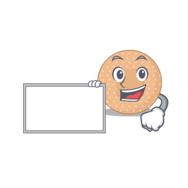 Beyaz bir tahta tutan yuvarlak bandajlı çizgi film karakteri tarzı. Vektör illüstrasyonu