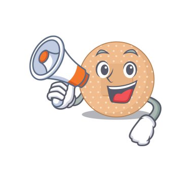 Yuvarlak bandaj karton resim stili megafonda duyuru yapıyor. Vektör illüstrasyonu