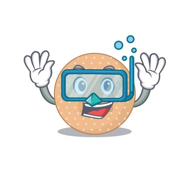 Yuvarlak bandaj maskotu tasarımı dalış gözlükleriyle yüzer. Vektör illüstrasyonu